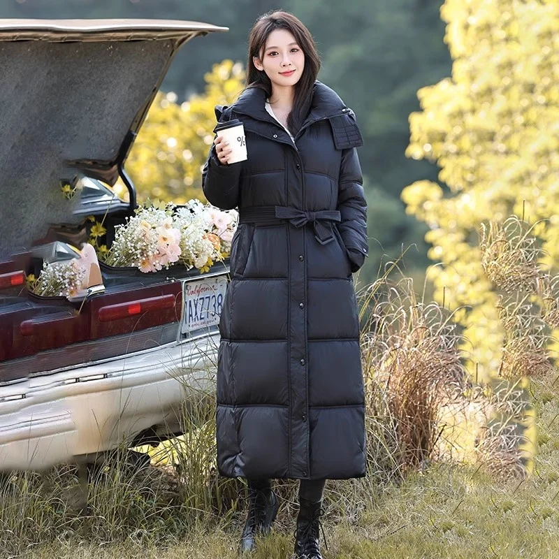 

Long Thick Hooded Warm Down Cotton Jacket For Women Korean Version With Lace Up Large Size Winter Black Cotton Jacket Trendy w88