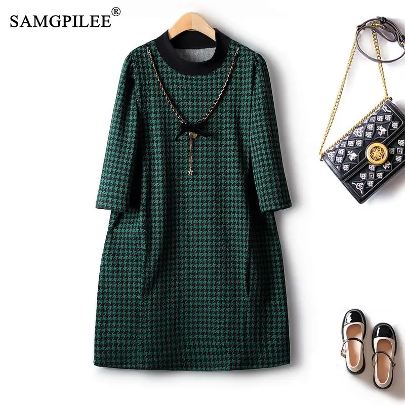 

Fashion Houndstooth Party Dress 2022 Autumn Winter Loose Knitted Waist Pinch Pleated Retro Three Quarter Sleeve Women's Dresses