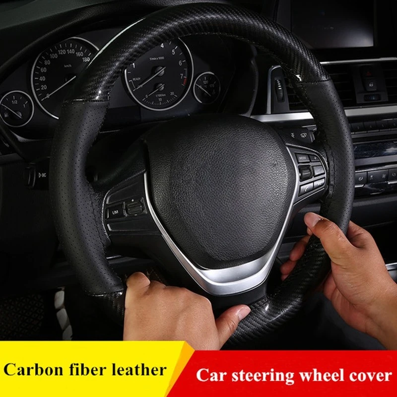 DIY Steering Wheel Cover Soft Carbon + Fiber Leather Braid On The Steering-wheel Of Car With Needle and Thread