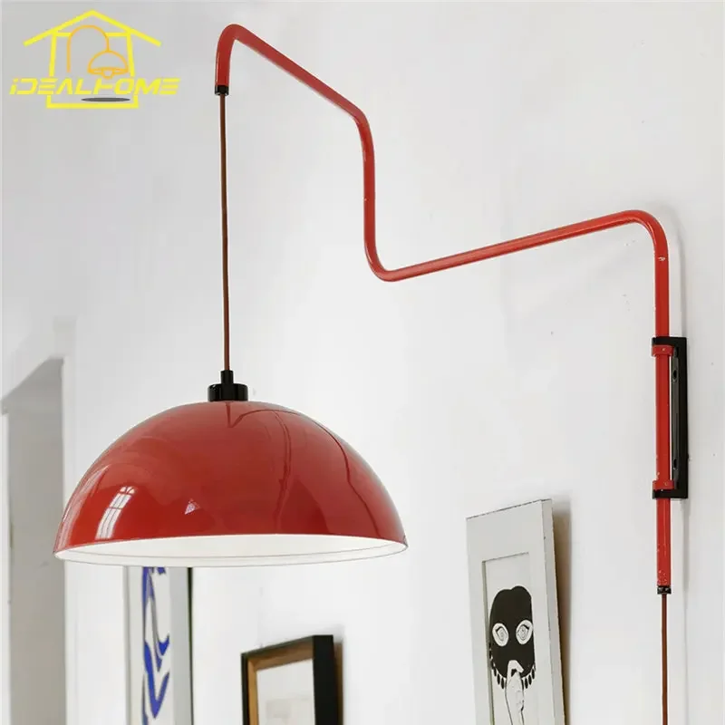 Modern Industrial Adjustable Swing Arm Wall Lamp LED E27 Red/White Lampshade Folding Wall Mounted Living/Dining Room Kitchen Bar