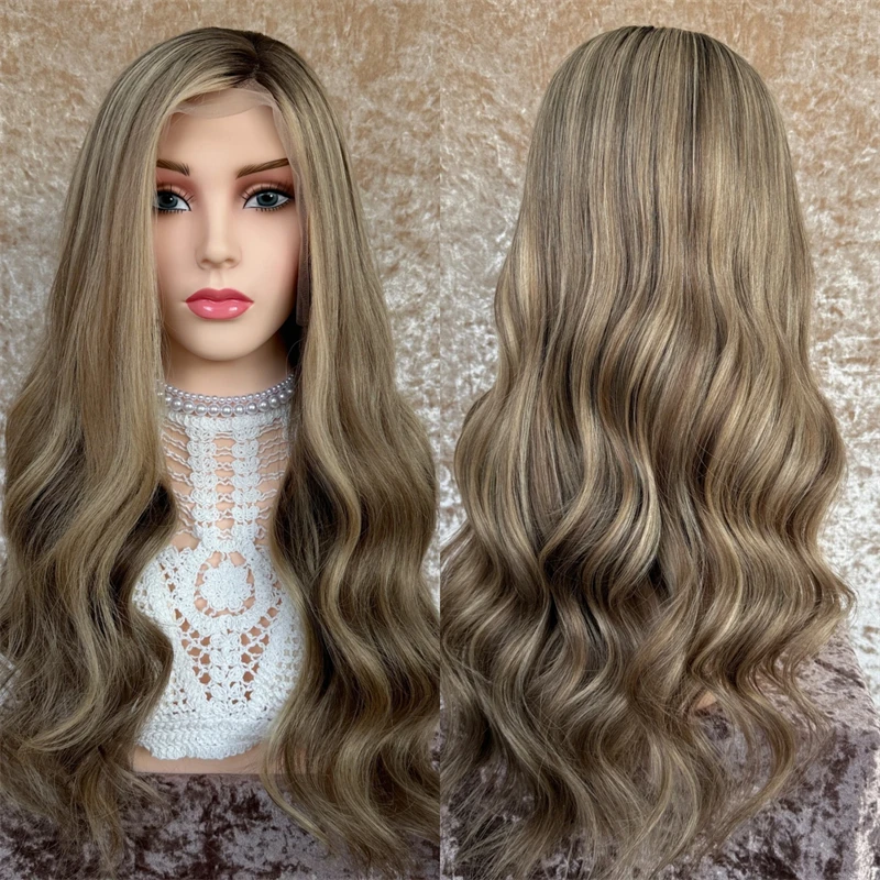 

28'' Ombre Brown Blonde Wig Soft HD Lace Front Wig High Density Wig Pre Plucked Hairline Natural Long Body Wavy Synthetic Wigs