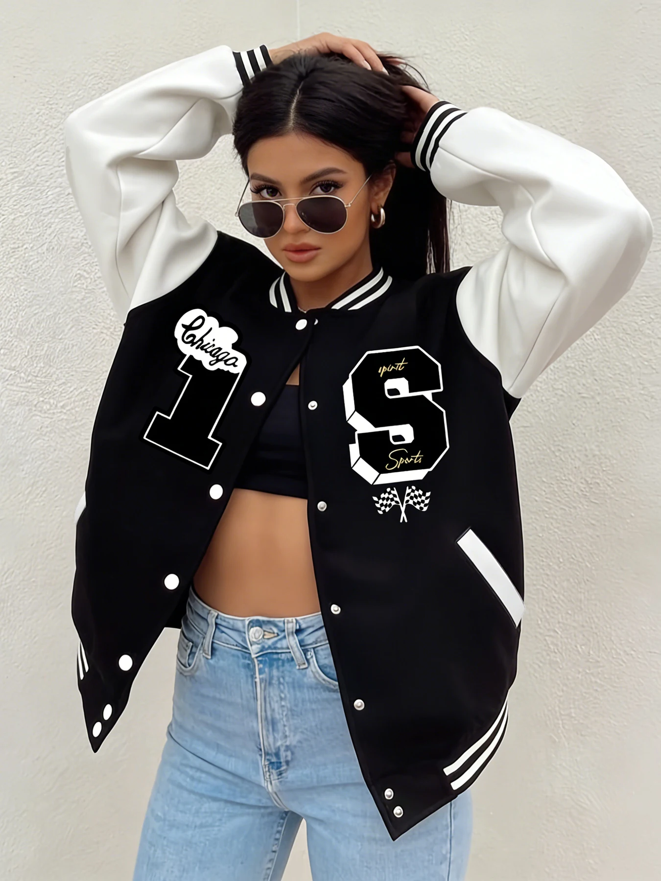 Women Chicago Number 1 Graphic Baseball Jacket Letter Print Loose Fit Varsity Coat Casual Street Fashion Daily Outfit Freece Top