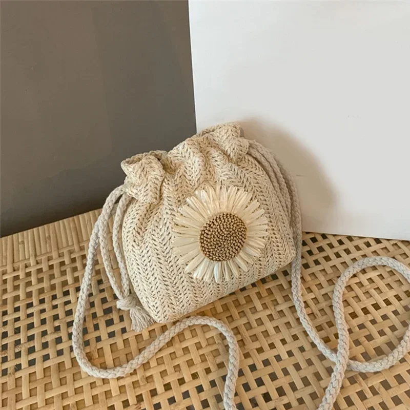 Moda pequena bolsa de ombro feminina palha cordão balde saco flor bordado sacos de praia verão senhoras crossbody bolsas