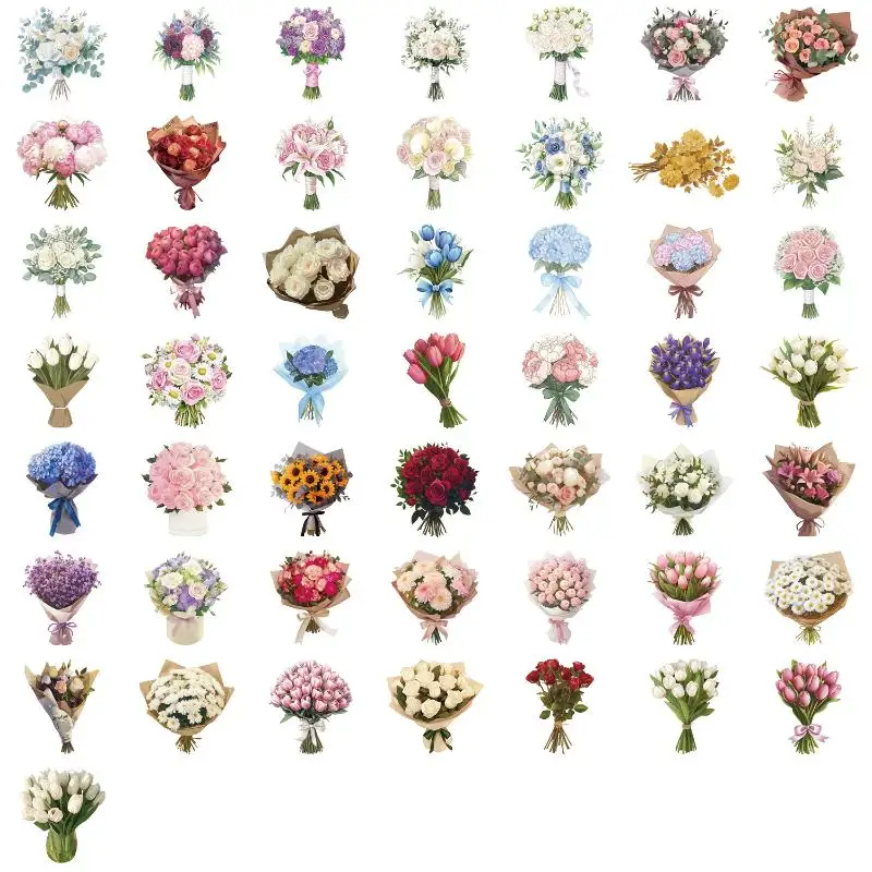 50Pcs Creative Satin Dream Flower Gift Graffiti Stickers ​​DIY Luggage Notebook Water Cup PET Waterproof Decals