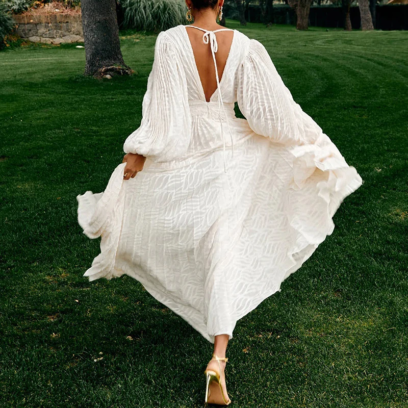 Feminino novo branco jacquard drapeado vestido de festa à noite senhora cintura alta em camadas vestido sexy profundo v lanterna manga longa vestido bainha grande