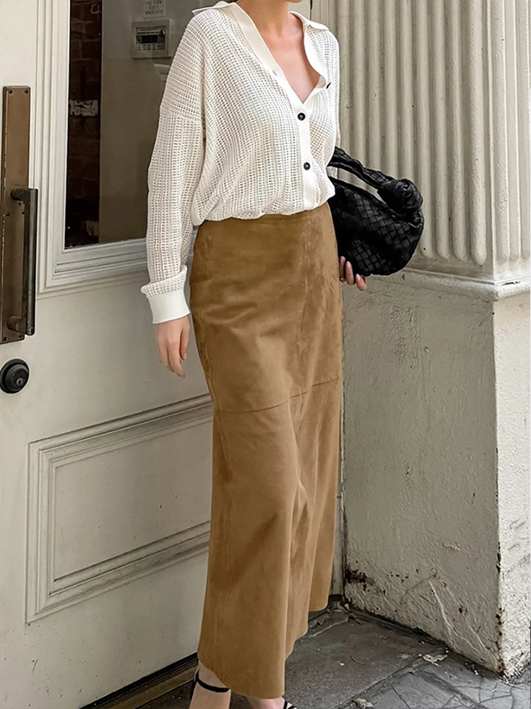 

Mueyaruho Autumn Winter 2024 Women Maxi Suede Skirts Solid Khaki High Waist Flare Trumpet Long Skirt For Women