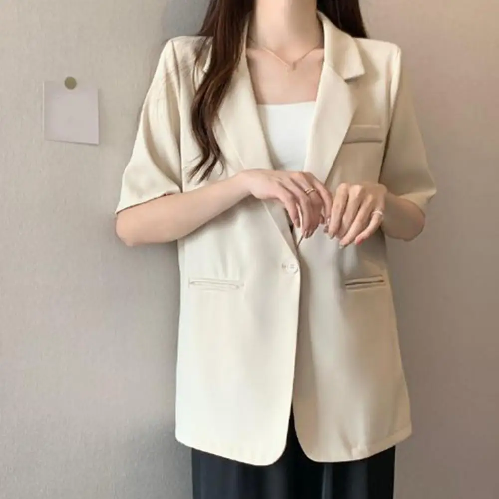 Short-sleeve Suit Jacket Versatile Women's Short-sleeved Suit Coat Solid Color Button Closure Casual Work Outwear for Business