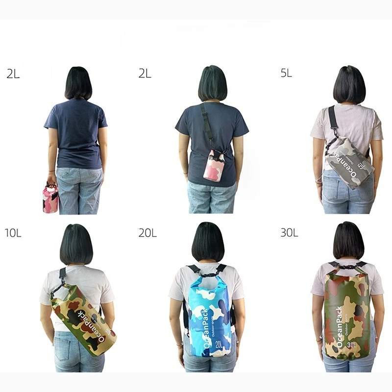 حقيبة سباحة للأطفال، حقيبة كاجوال للتخييم مقاومة للماء، حقيبة شاطئ الانجراف، حقيبة جافة، حقيبة دلو مقاومة للماء من مادة PVC المموهة