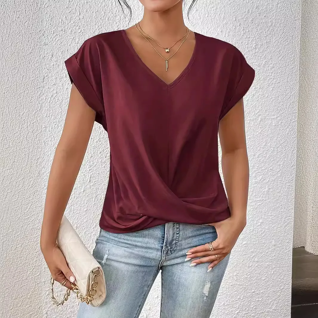 

2025 New Solid Color V-neck T-shirt Elegant Simple Short-sleeved Top Spring and Summer Women's Clothing