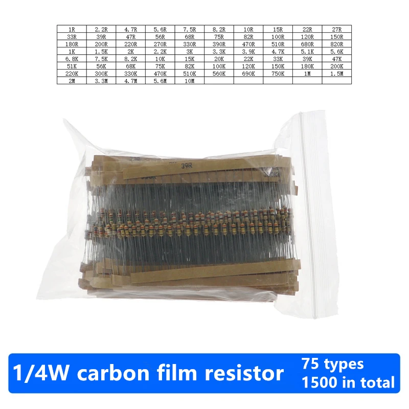 

1500 Pieces Of 75 Types Of Carbon Film Resistor Pack 1/4W Direct Insertion Four-Color Ring Resistor Element Pack 20 Of Each Type