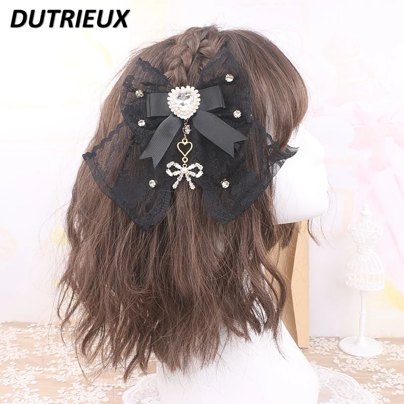 Handmade Japanese Mine Lolita Sweet Girls Headdress Sweet Lace Rhinestone Bow Love Pendant Hair Clip Hairpin for Woman