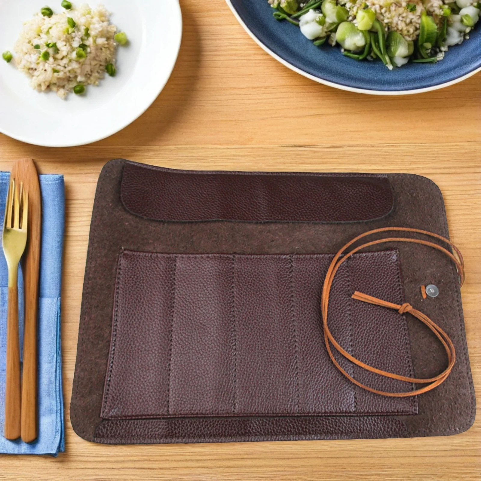 

2Pcs Seal Cutting Knives Roll Up Bag Brown Imitation Multi-Pocket Organizer Portable Storage Carving Tools