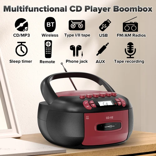 Imagen 2 del producto Combo de reproductor de casetes de CD Boombox: sonido estéreo Radio AM FM con Bluetooth y control remoto - AUX/USB MP3/grabación de cinta/temporizador de sueño
