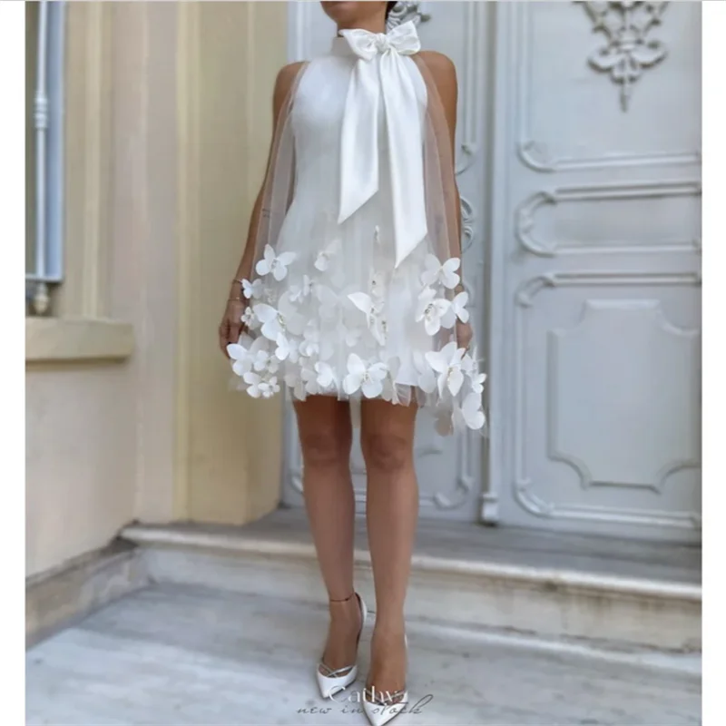 

White Bow 3D Butterfly Wedding Dresses Short Sleeveless Mesh Fabric vestidos de noche Form Customized Formal Evening 2025