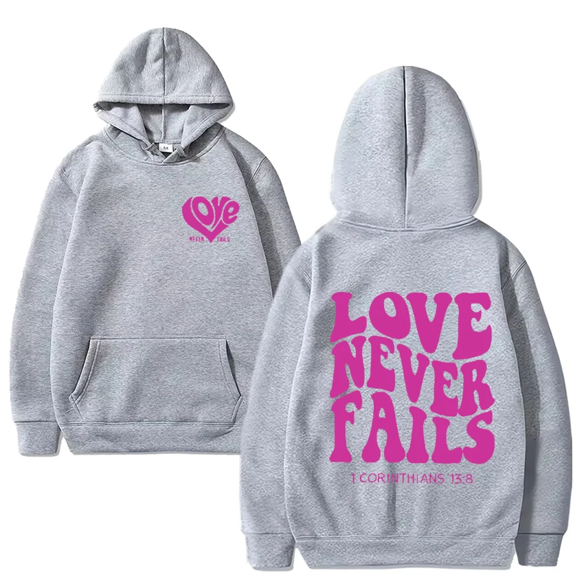 Love Never gagal hoodie kasual Preppy Christian uniseks kualitas tinggi atasan 2024 diskon besar pullover Pria Wanita dengan Cetak