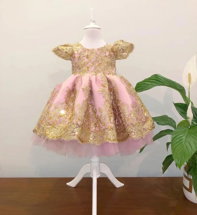 Pink Satin Flower Girl Dress For Wedding Gold Lace O-neck Tulle Puffy With Bow Kids Christmas Birthday Party Pageant Ball Gown