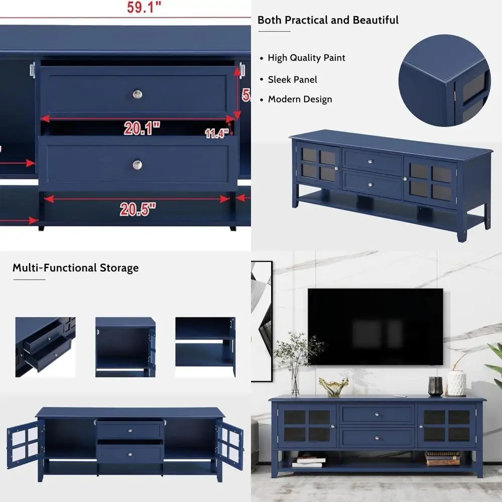 Modern TV Stand with Glass Doors & Drawers, Sleek Media Console for 65 TVs, Durable Living Room Furniture