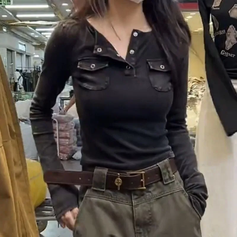 

Autumn Versatile Long Sleeve Double Pocket Design Right Shoulder Top T-shirt Women's Early Autumn Top Round Neck Slim Pullover