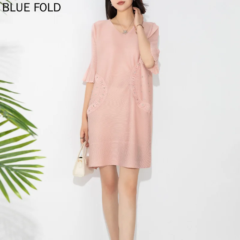 

MIYAKE-Pleated Fashion Dress Loose Large Size Slim Beaded Round Neck Bell Sleeve Mid Dresses Elegant Robe Spring and Autumn New