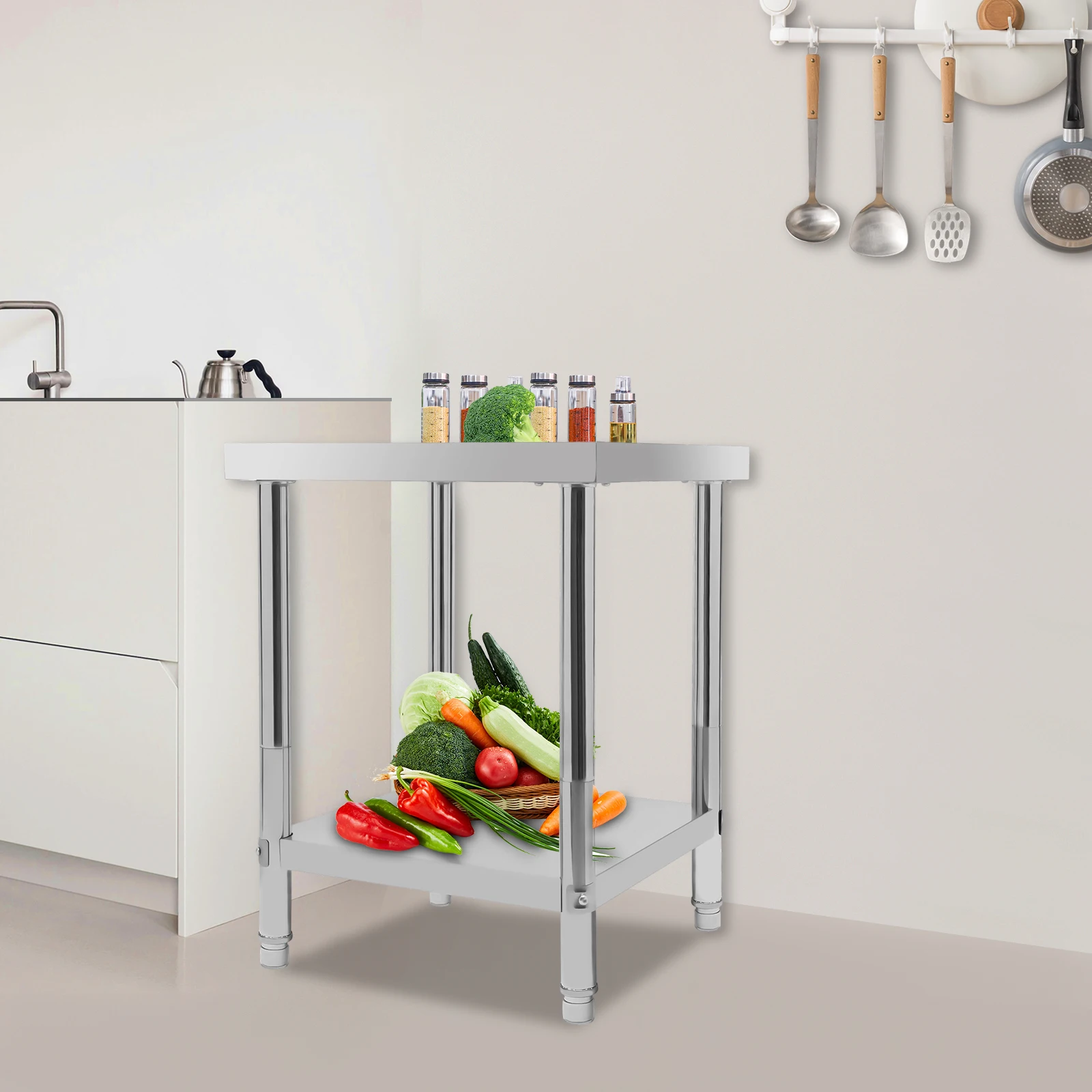 طاولة من الفولاذ المقاوم للصدأ للإعداد والعمل مقاس 24 × 18 بوصة، طاولة عمل تجارية شديدة التحمل لإعداد الطعام مع رف داخلي للمطعم