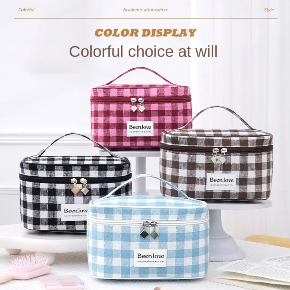 

Large Capacity Checkered Makeup Bag Korean Style Handheld Travel Toiletry Bag Square Storage Bag Women Cosmetic Bag