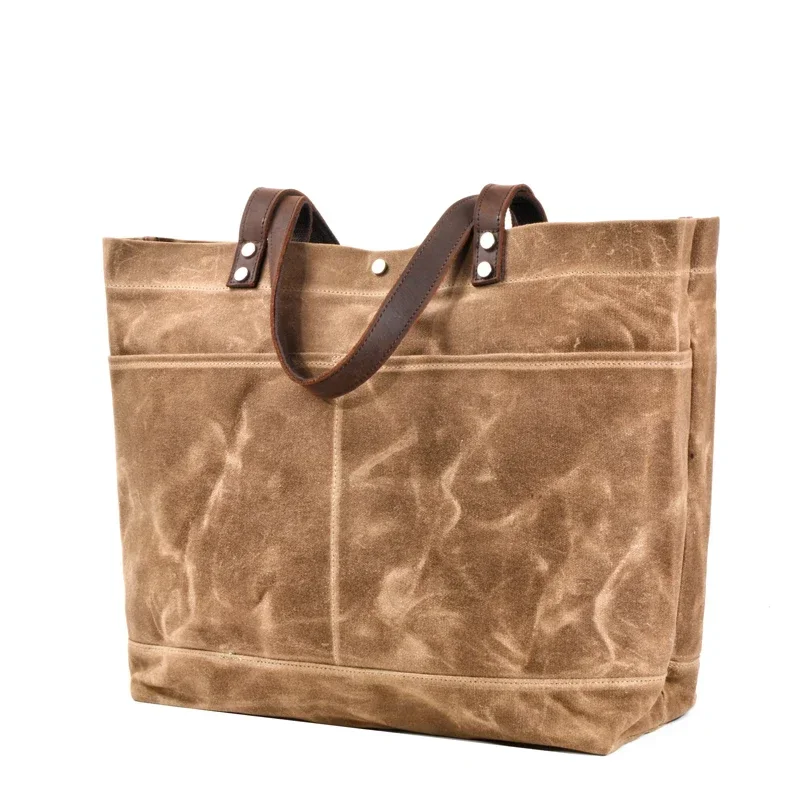 

Vintage Waxed Canvas Tote, Leather Straps, Multi - Pocket Waterproof Bag for Work