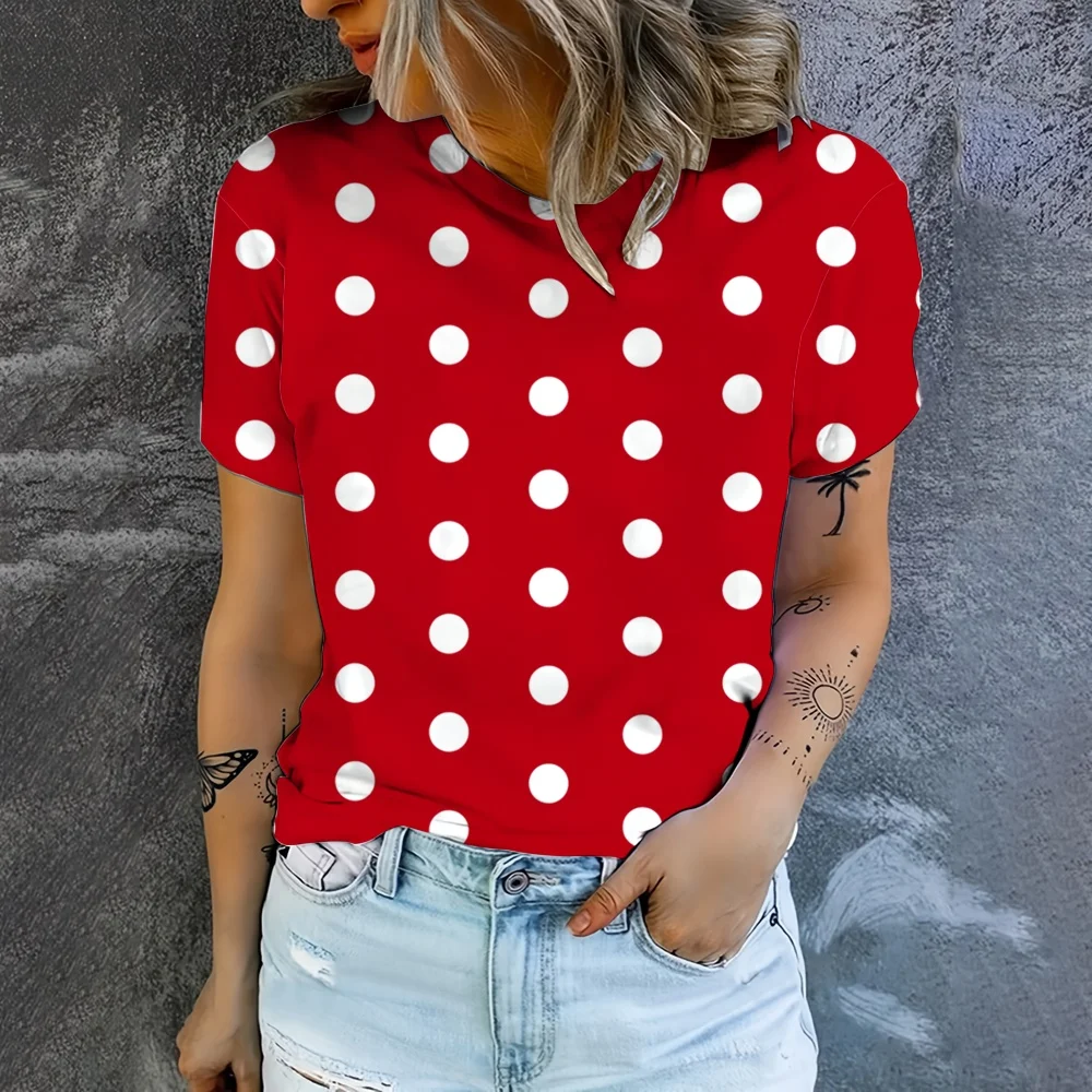 2024 New Summer White Polka Dots Pattern Imple Style Casual Woman Clothing Oversized T-shirt Short Sleeve Comfortable Tops 5XL