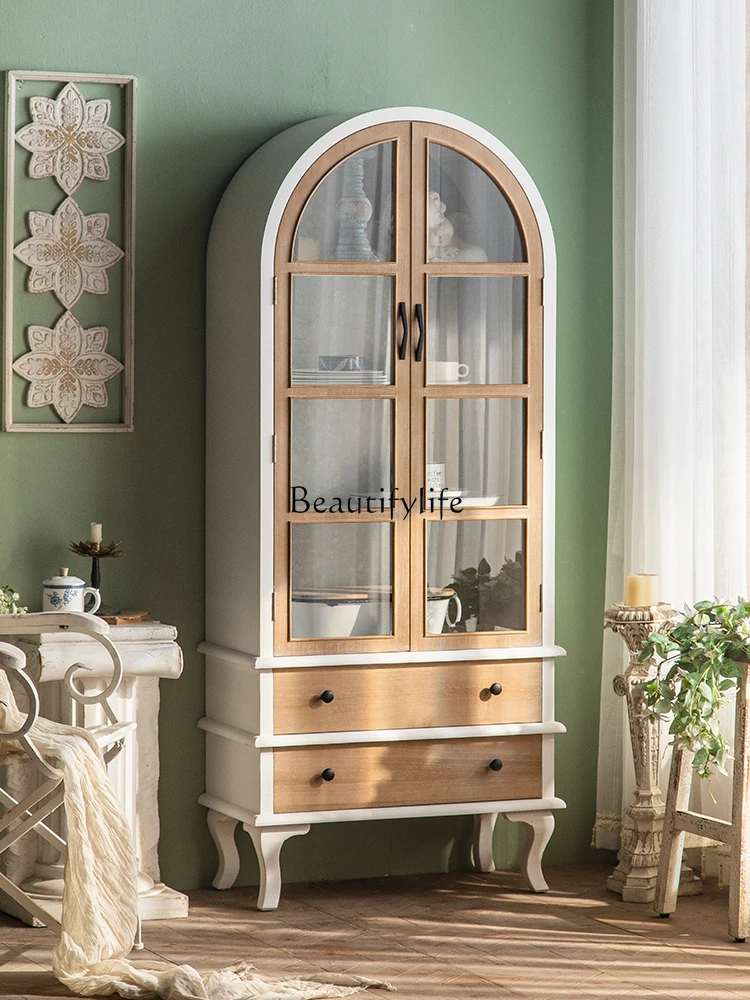 

French Retro Solid Wood Bookcase Floor Pine Arch Glass Door Home Locker Integrated Wall