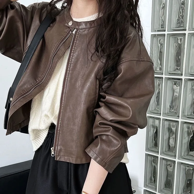 

Short PU Leather Coat Women Autumn Retro Leather Coat Top