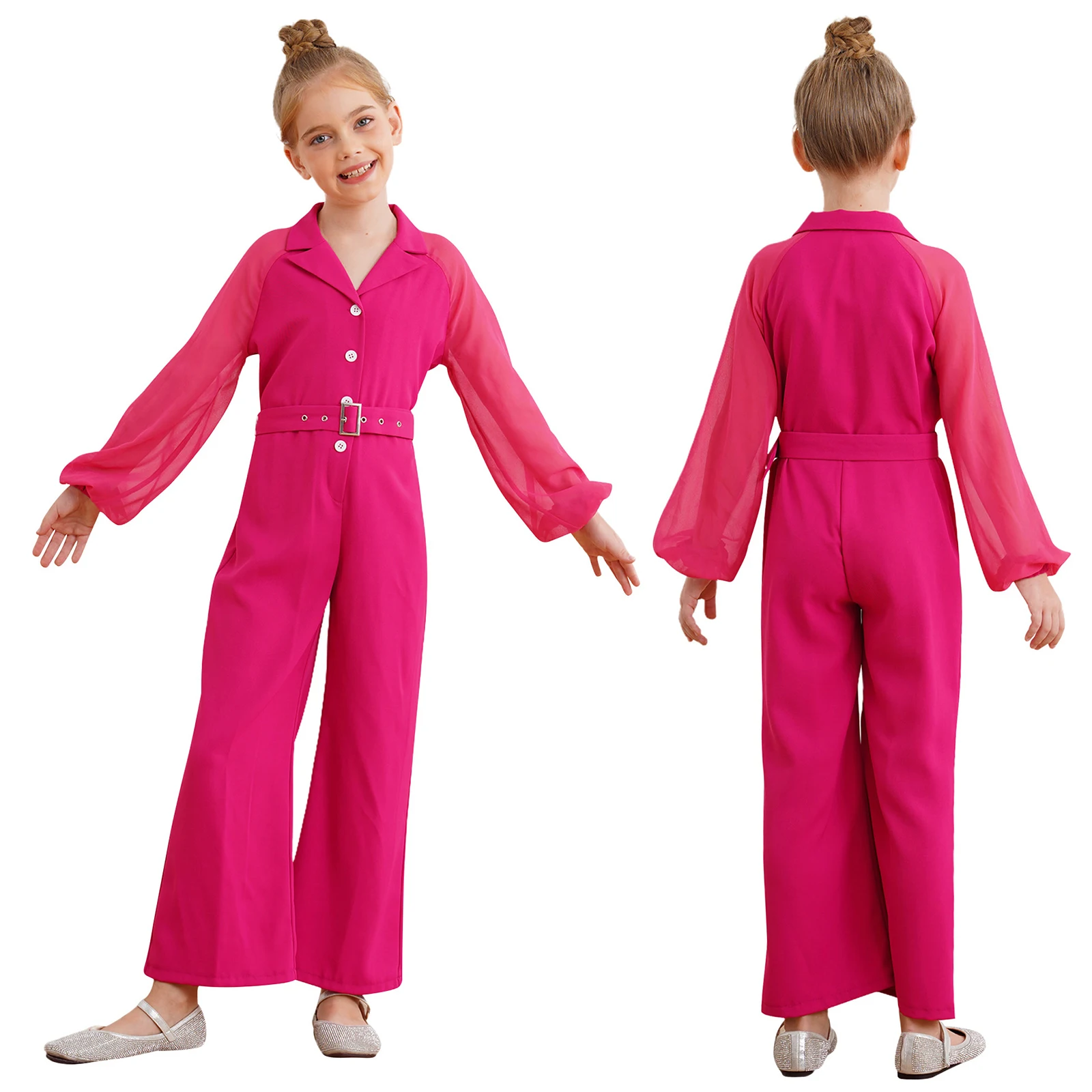 

Spring Autumn Kids Girls Dressy Jumpsuits Lapel Chiffon Long Sleeve Wide-Leg Rompers with Belt for School Pageant Party Clothes