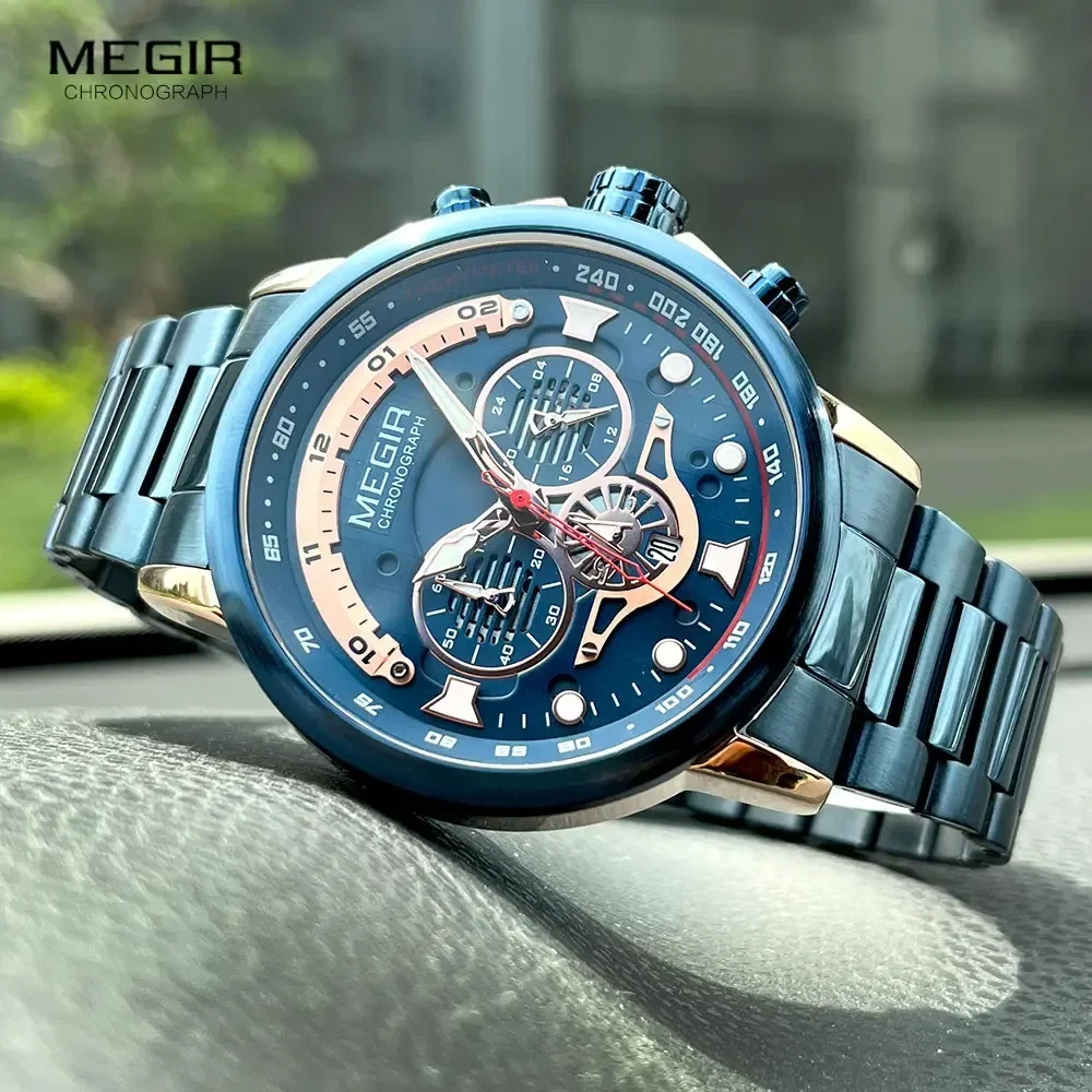 MEGIR Blue Dress Quartz Watch for Men Military Sport Chronograph Waterproof Wristwatch with Stainless Steel Strap Auto Date