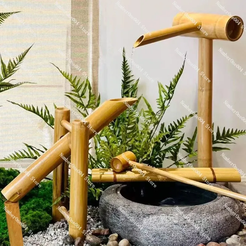 

flowing water ornament bowl bamboo fish farming stone trough fish tank bamboo water pump landscaping view circulating water