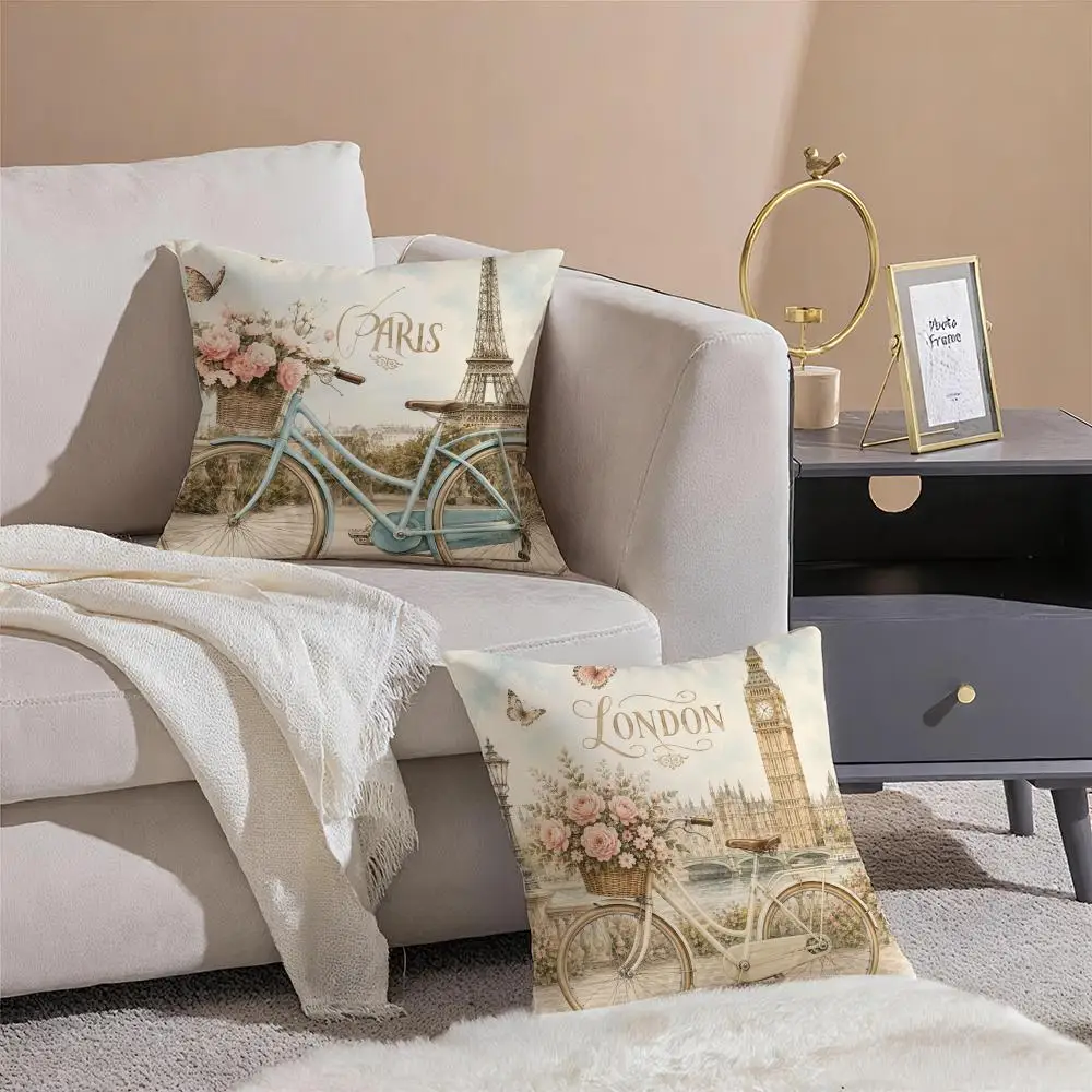 Retro Parisian Bicycle Cushion Cover Silky Short Plush Invisible Zipper Dustproof Sofa Pillow Case for Home Decor