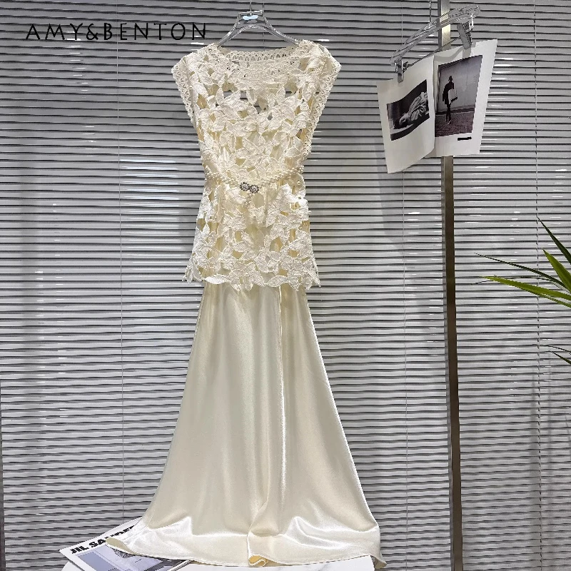 

Французский дизайн, кружевной ажурный топ с жемчужной цепочкой, женский жилет, летняя новинка 2026, милые длинные платья без рукавов на бретельках, комплекты из двух предметов для женщин