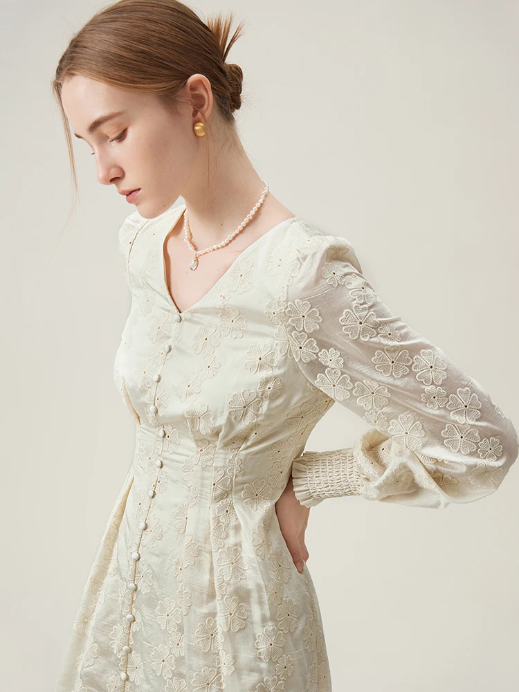 FSLE French Retro Romantic Dress Women\'s Long sleeved Jacquard Date Dress Beige Women Casual Loose Dress24FS11318