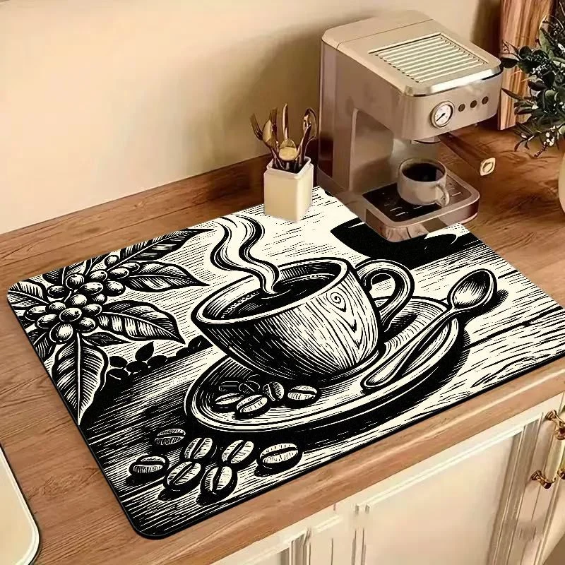 VIKAMA Vintage Line Drawing Coffee Drying Mat Super Absorb Non Slip Coffee Maker Drain Pad Decor Home Cafe Counter Cushion