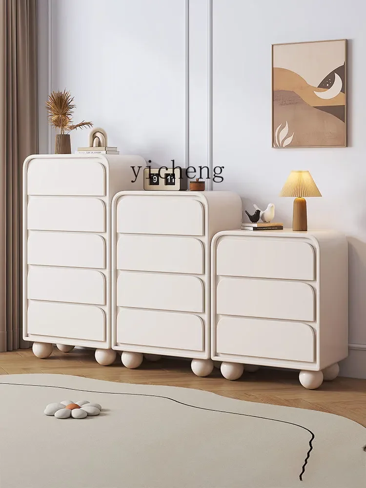 ZK Cream Style Chest of Drawers Solid Wood Storage Cabinet Bedroom Bed Front Cabinet Living Room Wall Chest of Drawer