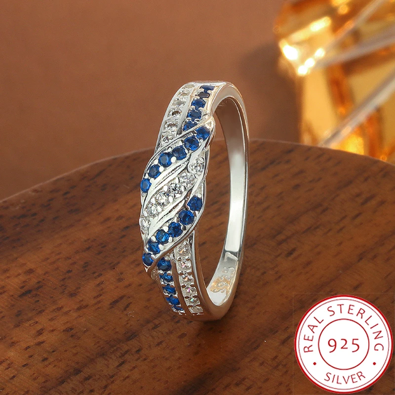 خاتم نسائي من الفضة الإسترليني عيار 925 مع زركون AAAA أزرق، مجوهرات أنيقة مجوفة، شريط قابل للتعديل، هدية لها #1