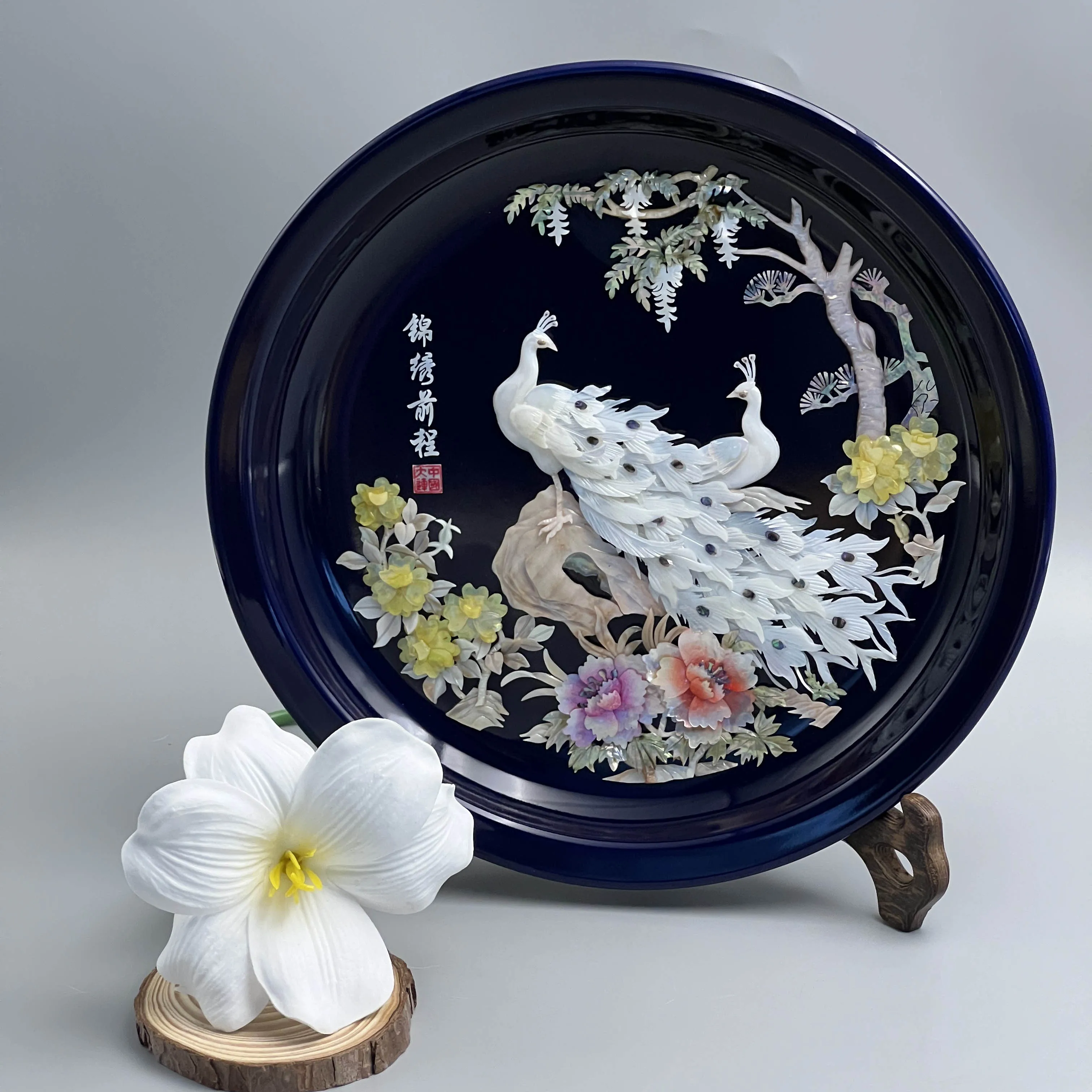 100% Handcrafted Natural Shell Peacock Plate Decoration, home ornament for entryway, living room & office, great holiday gift.