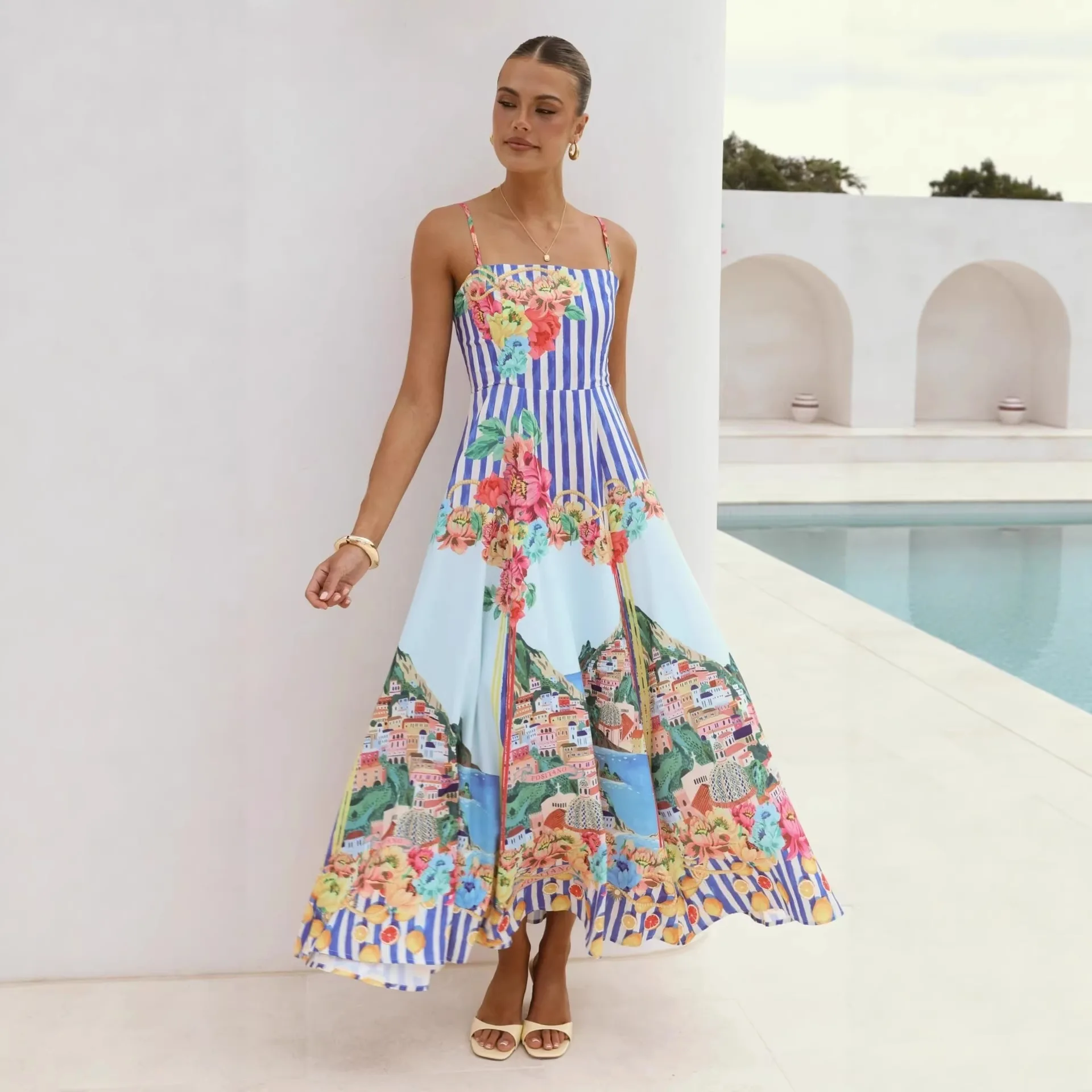 Damen-Midikleid mit Blumenmuster und Streifen, Spaghettiträgern, A-Linie, ausgestelltem Saum, elegantes Sommer-Strand-Outfit für den Alltag