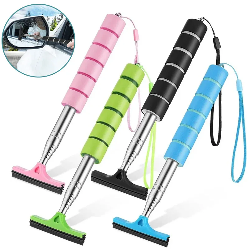 Car Side Mirror Squeegee Rearview Mirror Wiper with Telescopic Long Handle Auto Window Clean Brush Portable Glass Cleaning Tool