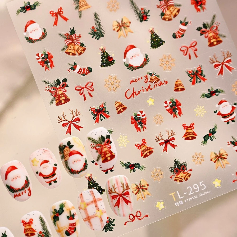 

Cartoon Christmas Tree Stocking Bows Bells Santa Claus Snowflake Shiny Rhinestone 3D Nail Art Stickers Xmas Cute Manicure Decals