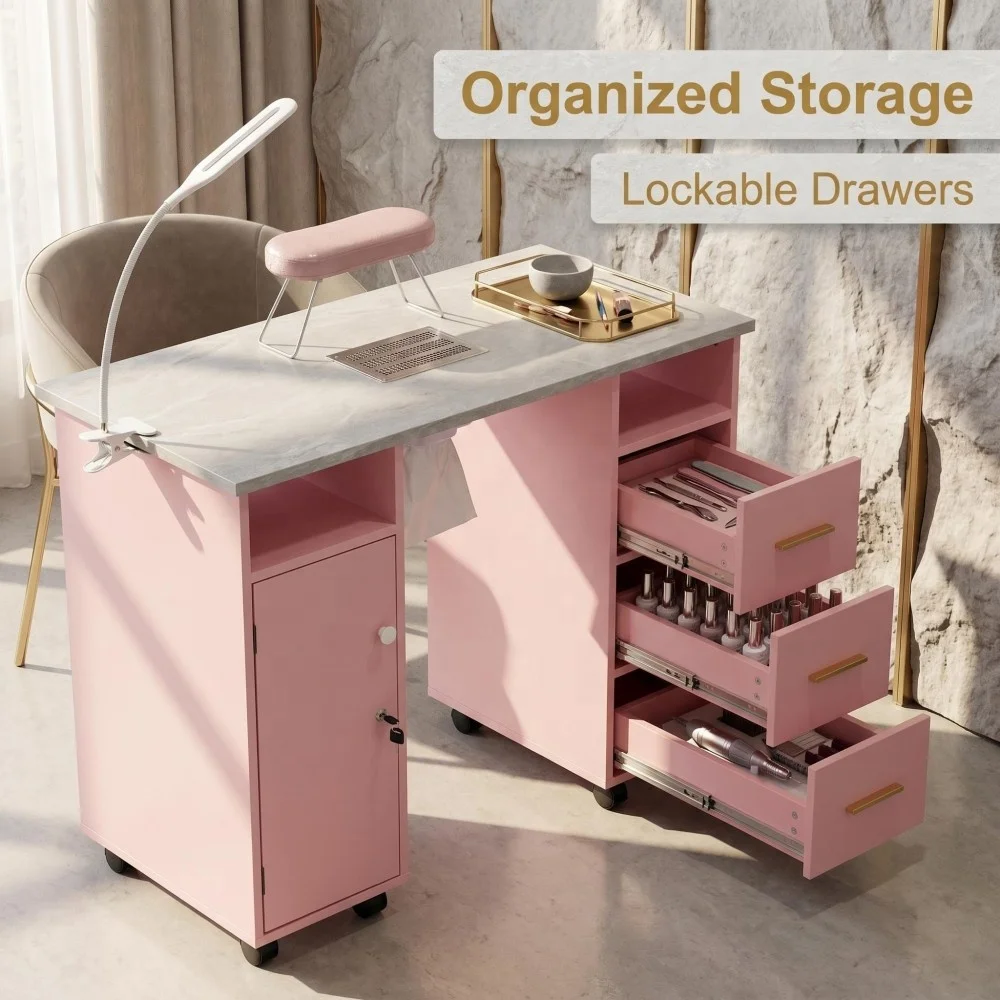 Pink Manicure Table With Dust Collector Nail Table Soft Armrest Nail Salon Mobile Desk For Beauty Salon