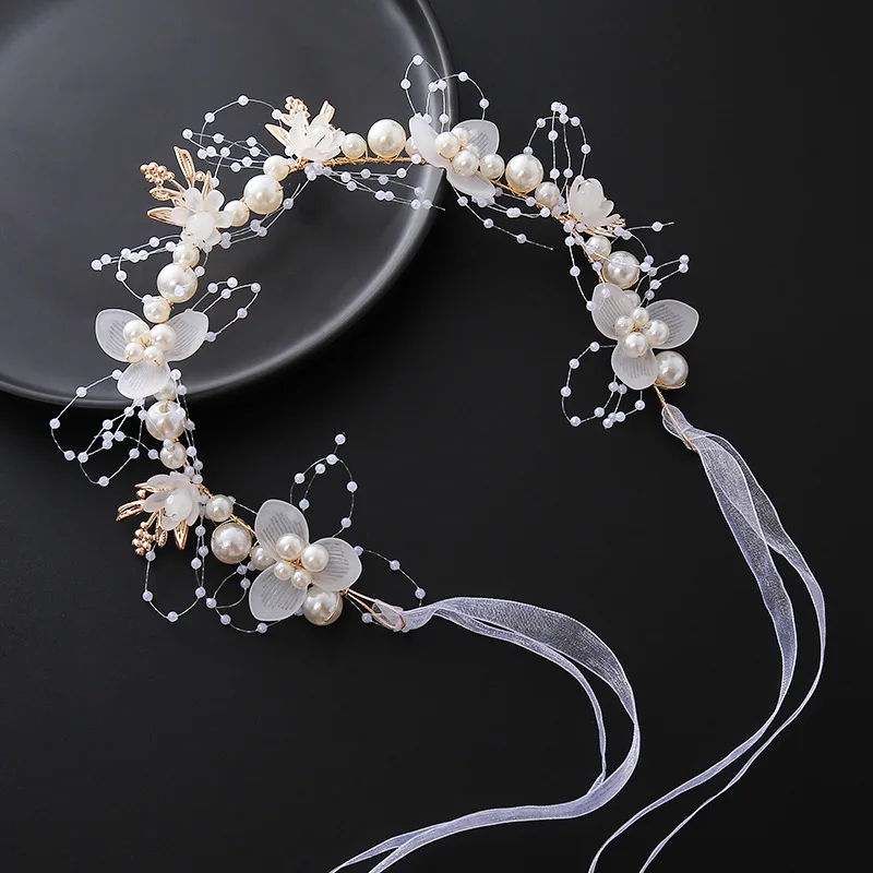 Bride headband pearl flower headband children's flower wreath super fairy princess hair accessory headband headband ribbon