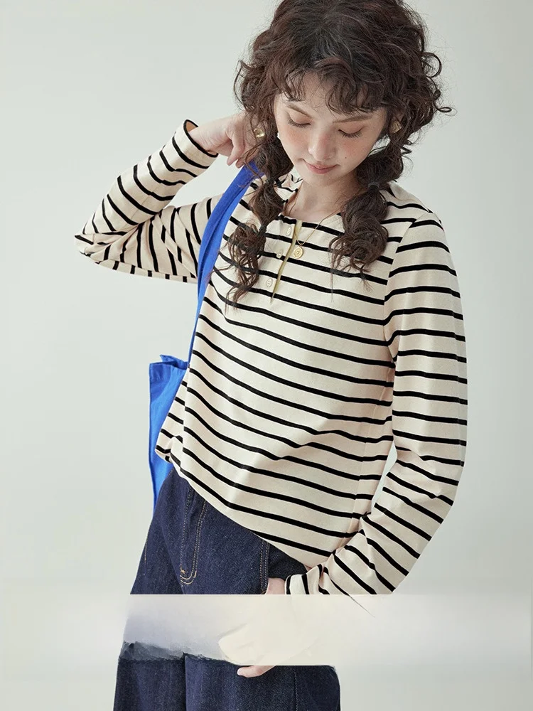 

Loose Long Sve round Ne Striped Base irt Women's Korean Sle Cotton T-irt Spring New Sle Top AMUU Original Design