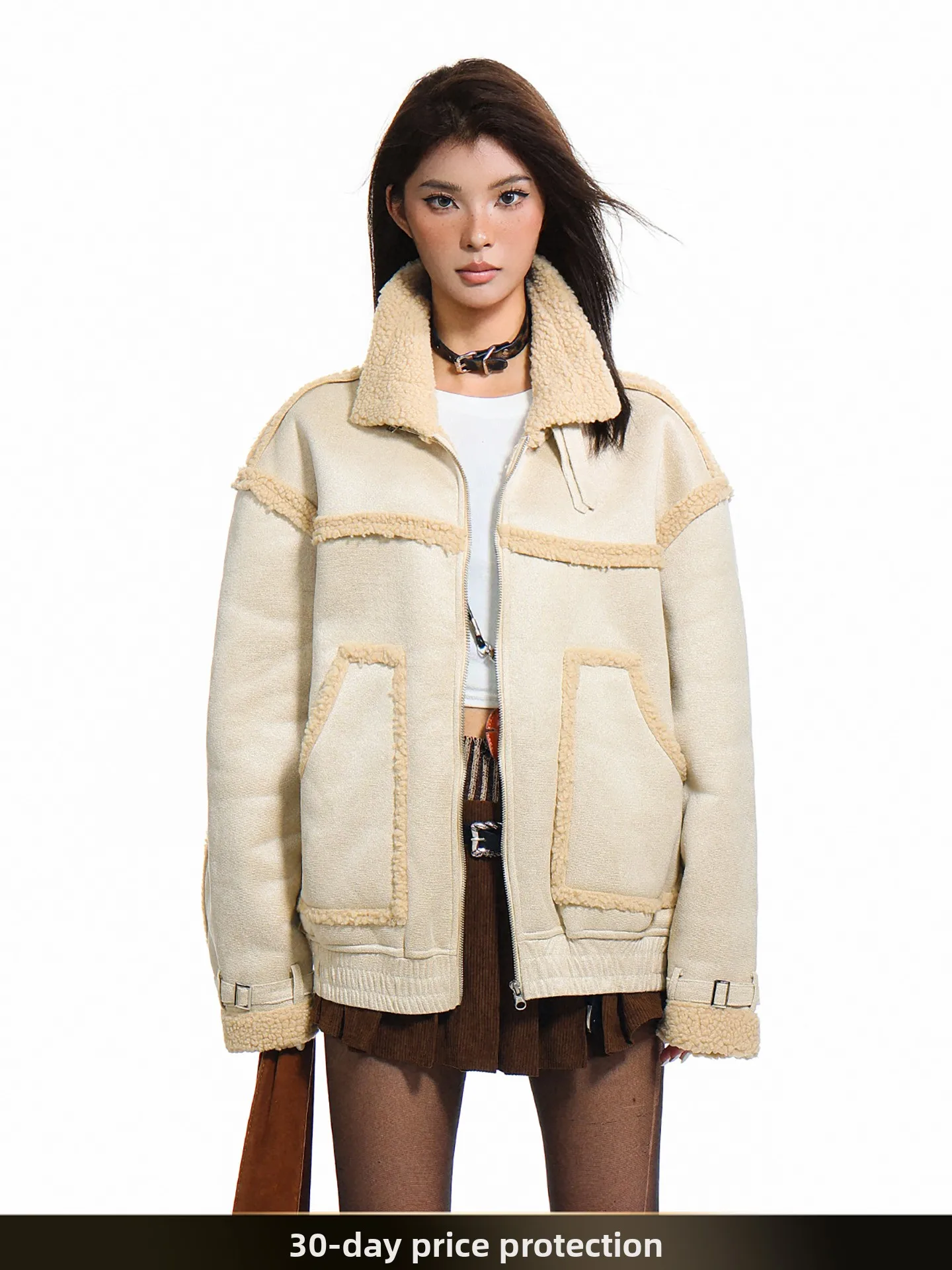 

Nted American Retro Lamb Fur Patchwork Stand Collar Cotton Jaet Men Winter Biker Fur Leather Coat Couple Outerwear