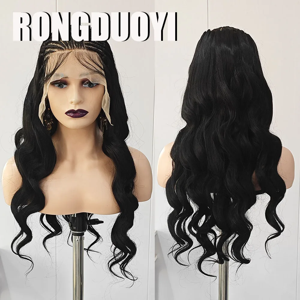RONGDUOYI Black Braided Wave Synthetic Wig Black Braids with Baby Hair Body Wavy for Women Daily Used Braiding Lace Front Wig