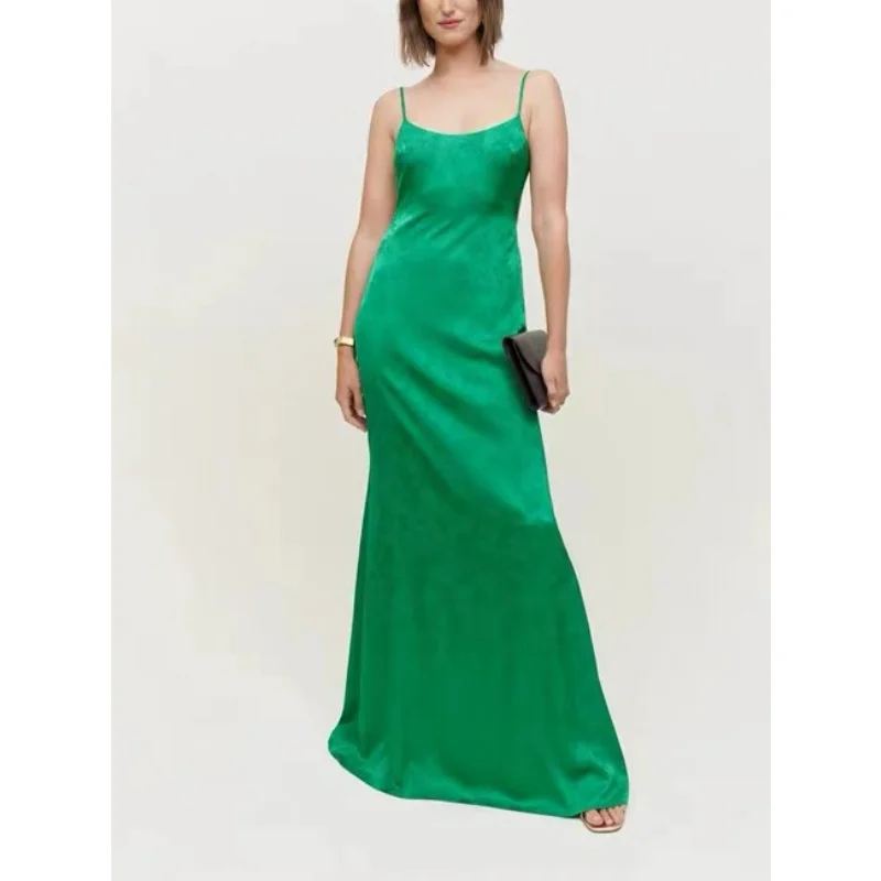 2023 Summer New Arrivals High Quality Green Silk Luxury Backless Square Neck Women Camisole Midi Dress for Party