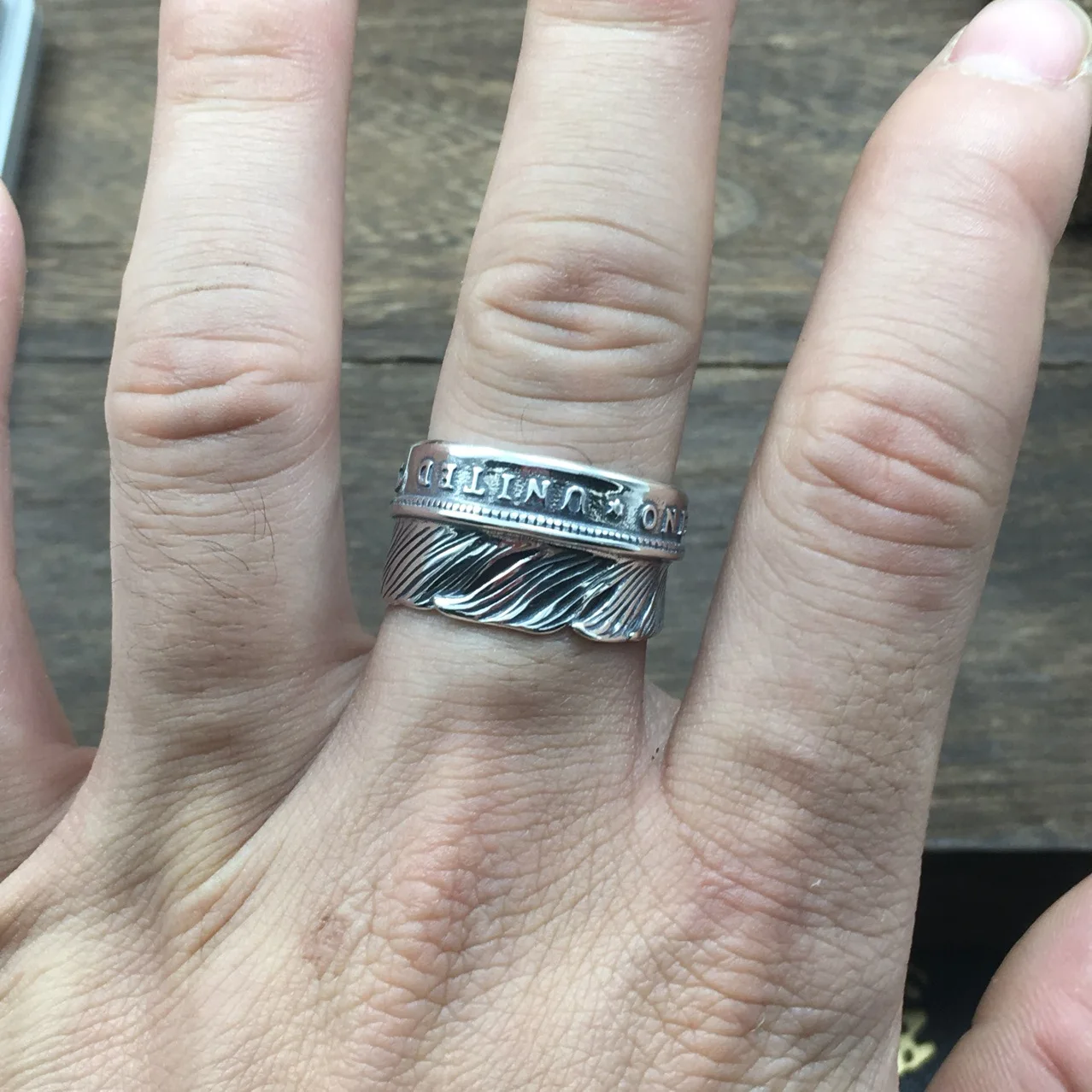 S925 sterling silver ornament male and female personality letter feather open ring hipster Thai silver vintage ring