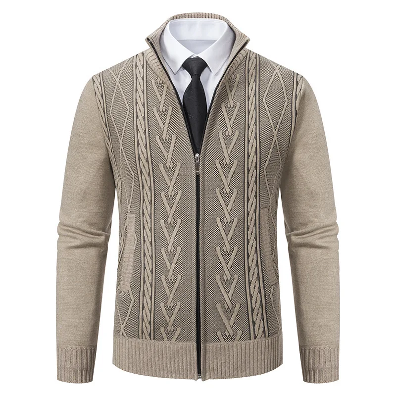 

New Men's Autumn and Winter Cardigan Stand Collar Jacquard Coat Thickened Warm Leisure Sweater Fashion
